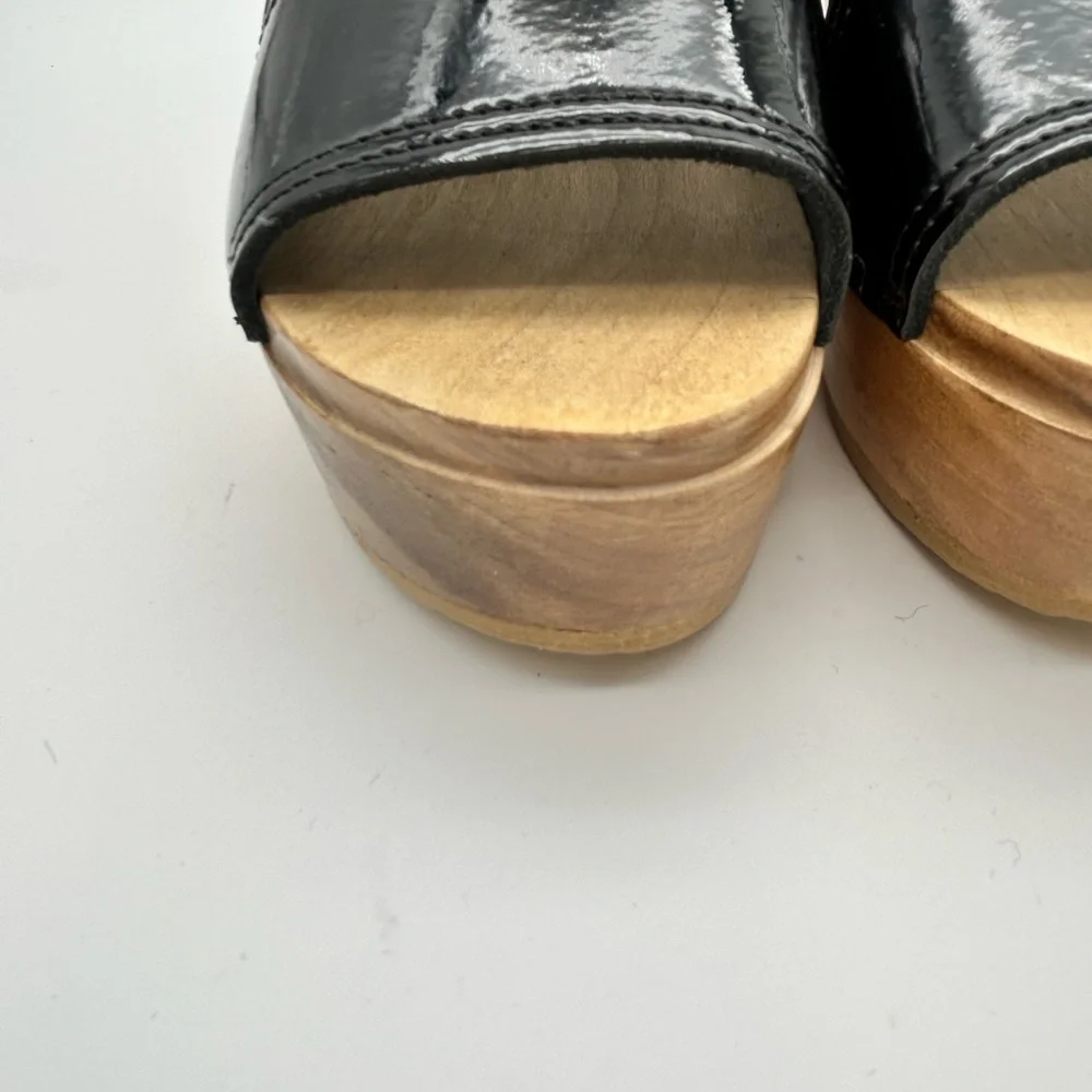 No. 6 Black Patent Leather Platform Clogs with Wood Sole - Picture 4 of 11